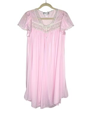 Vintage Miss Elaine Silk Essence Pink Sheer Lace Applique Ethereal Nightgown M